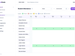 Daily attendance for the selected year—statuses roll into report cards and permanent records when enabled.