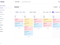 Year calendar: lesson days for each scheduled course, plus vacations and freeform events.
