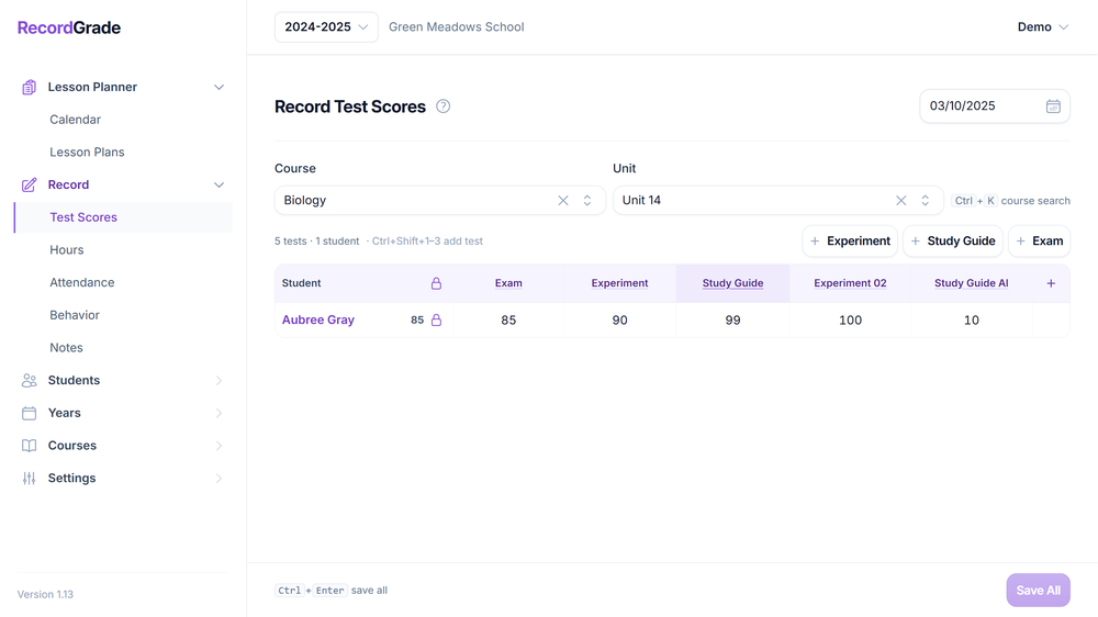 The gradebook is the heart of RecordGrade. Fast score entry for a whole class, with units that feed report cards and transcripts.