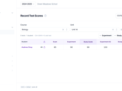 The gradebook is the heart of RecordGrade. Fast score entry for a whole class, with units that feed report cards and transcripts.