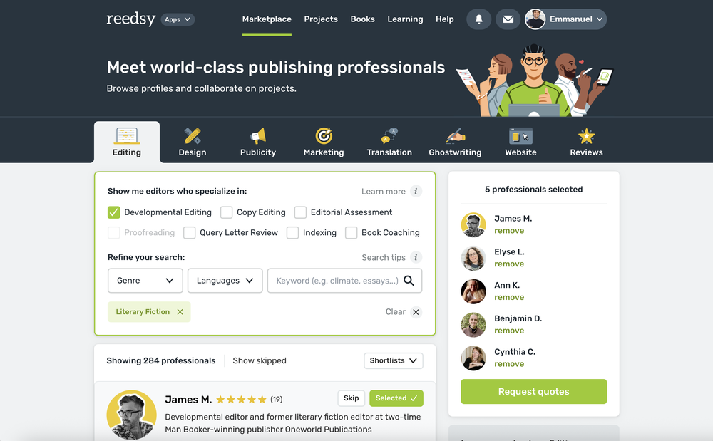 Reedsy Marketplace - select professionals to receive quotes