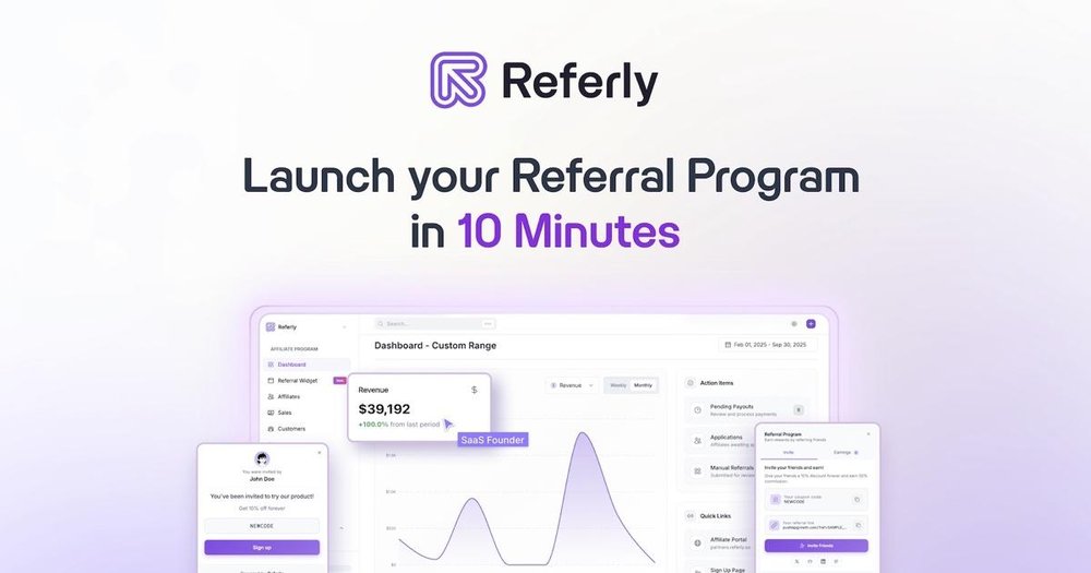 Referly referral-program dashboard with revenue chart, action items, and referral signup panels.