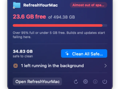 RefreshYourMac compact status panel showing 23.6 GB free space, 34.83 GB safe to clean, and a Clean All Safe button.