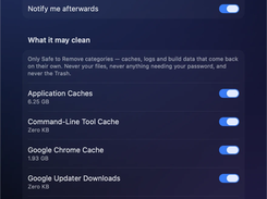 RefreshYourMac Scheduled clean settings screen with daily timing, free-space threshold, notifications, and selectable cache categories.
