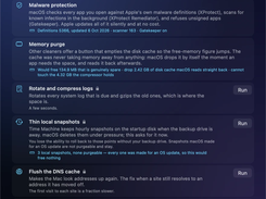 RefreshYourMac Maintenance screen listing malware protection, memory purge information, log rotation, local snapshots, DNS cache, and Open With list actions.