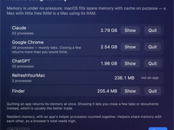RefreshYourMac memory-usage window listing Claude, Google Chrome, ChatGPT, RefreshYourMac, and Finder with memory amounts and Show or Quit buttons.