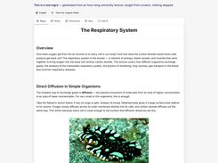 Regra web interface displaying a generated learning document titled “The Respiratory System,” with tabs for Regra, Notes, Flashcards, Quiz, and Ask AI, plus explanatory text and an embedded flatworm image.