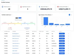 Reklaim Portfolio dashboard showing total accounts, high-risk accounts, total and past-due receivables, portfolio credit score, balance-age bar chart, and a customer risk table with report buttons.