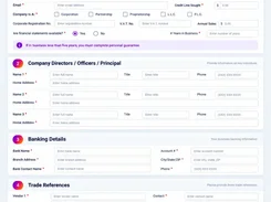 Reklaim Credit Solutions credit application form with sections for company information, directors or officers, banking details, and trade references.
