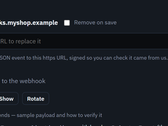 Dark-themed Relvato webhook settings panel with a webhook URL field, alert toggle, signing-secret controls, and expandable sample-payload section.