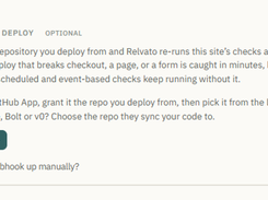 Relvato settings panel titled “Re-check on every deploy,” with explanatory text, a Connect GitHub button, and a manual-webhook option.