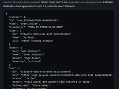 Dark-themed Relvato webhook documentation panel describing POST payload headers and displaying a sample JSON event for a failed guest-checkout check.