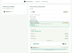 Desktop Remitz Send Money screen showing Afghanistan as destination, CAD 100, bank deposit delivery, and a transfer quote.
