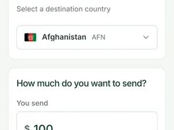 Mobile Remitz Send screen showing the first transfer step, Afghanistan destination, CAD 100 amount, and bank deposit method.