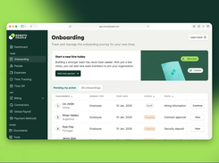 RemotePeople employee onboarding: track new hires by country, worker type, start date, contract status and next onboarding step.