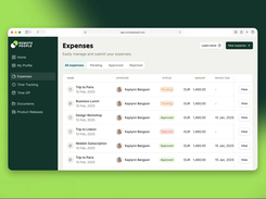 RemotePeople employee expenses: track requests by approver, status, currency, amount and payout date; filter pending, approved and rejected expenses.