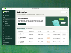 RemotePeople employee onboarding: track international hires by country, worker type, start date and status, with next steps for hiring information, contract approval and security deposit.