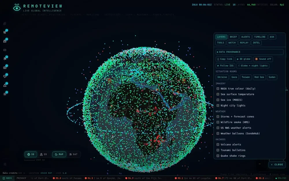 Dark RemoteView monitoring interface showing a 3D globe covered with colored points, with layer controls and map imagery options in a right-side panel.