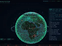 Dark RemoteView monitoring interface showing a 3D globe covered with colored points, with layer controls and map imagery options in a right-side panel.