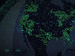 RemoteView map visualization of the United States with dense green and cyan markers, aircraft icons, and map controls at the lower left.