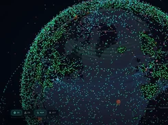 RemoteView globe map focused on North America and the Atlantic, displaying dense colored point layers, route-like lines, country labels, and map controls.