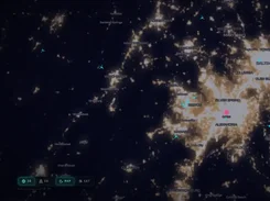 RemoteView map view showing nighttime lights around the Washington, DC and Maryland area, with cyan aircraft markers and a pink location pin.