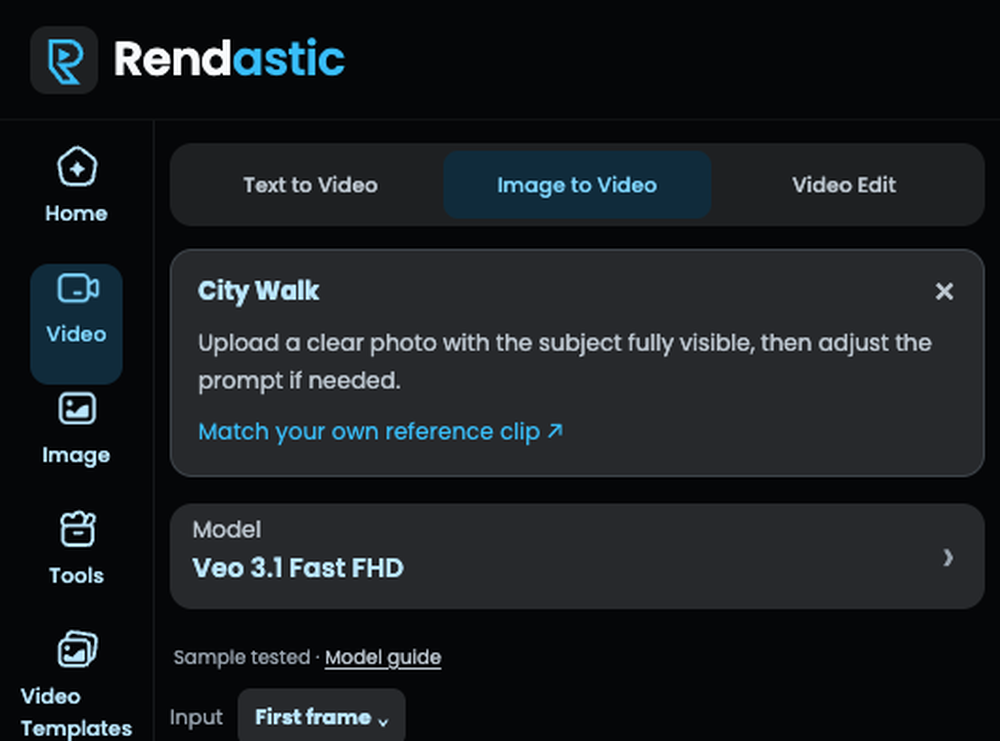 Rendastic dark-themed video-generation interface with Image to Video selected, a “City Walk” prompt panel, and model setting “Veo 3.1 Fast FHD.”