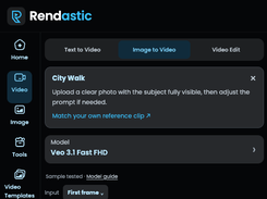 Rendastic dark-themed video-generation interface with Image to Video selected, a “City Walk” prompt panel, and model setting “Veo 3.1 Fast FHD.”
