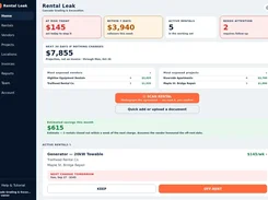 Rental Leak home dashboard showing rental risk totals, upcoming charges, exposed vendors and projects, scanning actions, estimated savings, and an active rental card.