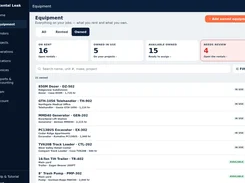 Rental Leak Equipment page with Owned selected, equipment count cards, search and filter controls, and a list of equipment records with availability statuses.