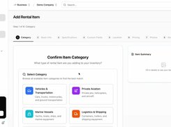 Rental369 AI web dashboard showing the first step of an “Add Rental Item” workflow, with category tiles for Vehicles & Transportation, Private Aviation, Marine Vessels, and Logistics & Shipping.