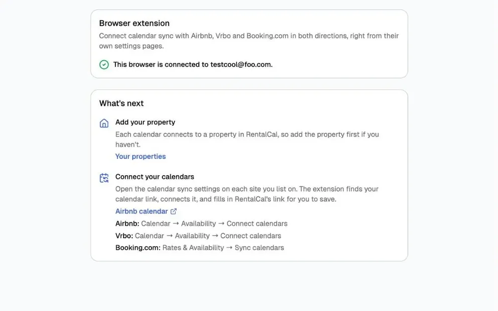 RentalCal setup page showing browser-extension connection status and instructions to add a property and connect Airbnb, Vrbo, and Booking.com calendars.
