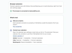 RentalCal setup page showing browser-extension connection status and instructions to add a property and connect Airbnb, Vrbo, and Booking.com calendars.