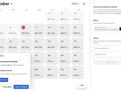 Calendar interface with an October availability grid and a RentalCal panel for connecting an Airbnb calendar.