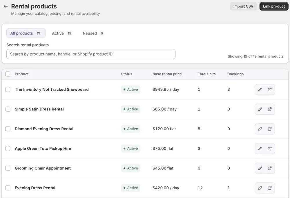 Rental products catalog with prices, stock, status, and booking counts.