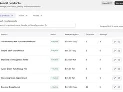 Rental products catalog with prices, stock, status, and booking counts.