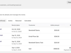 Bookings workspace with rental dates, customers, balances, and statuses.