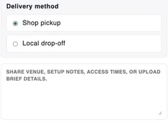 Rental checkout options for add-ons, pickup, delivery, and deposit total.