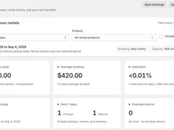 Rental statistics dashboard with booking value, utilization, and return metrics.