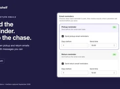 Rentshelf email reminder settings for pickup and return messages.