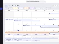 Every booking for the month on one grid, colour-coded across eight states from Awaiting payment to No-show. Workshop blocks sit on the same calendar as rentals, so a vehicle in for service cannot be booked out from under you.