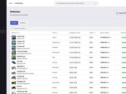 21 vehicles in a single list — yacht, catamaran, RIB, jet ski, scooter, sport bike and cars — each with its plate, year, day rate and availability. Import from CSV on the way in, so moving off a spreadsheet is not a retyping job.