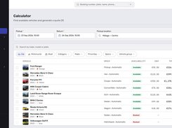 Pickup, return and location go in; every car that is actually free comes back with its day rate and the total for the whole period. Booked vehicles stay in the list without a price, so nothing is quietly dropped. Tabs switch the same search to motorbikes or boats.