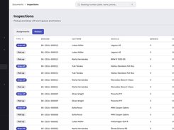 Pick-up and drop-off are logged as a pair against the booking, with the customer, the vehicle, the damage count and the date each was completed. The history a dispute over a scratch is settled from.