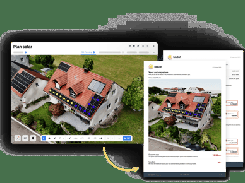 Composite image of the Plan solar interface showing aerial roof imagery with solar-panel placement, alongside a proposal-style page displaying the same roof design.