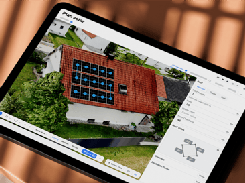 Tablet mockup displaying the Plan solar interface with aerial roof imagery, a solar-panel layout, and a right-side configuration panel.