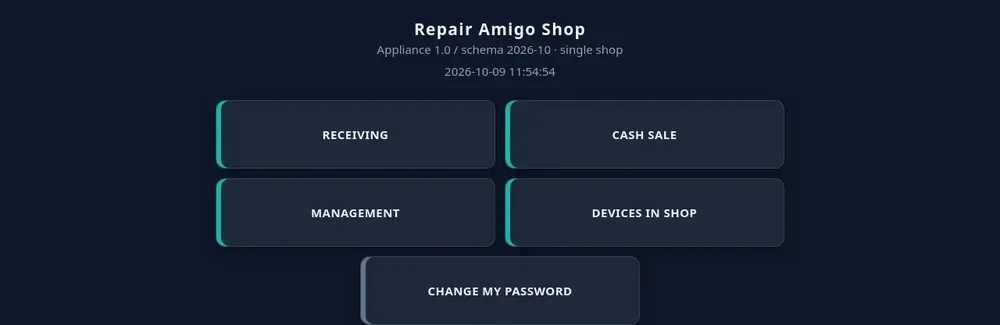 Repair Amigo Shop landing screen with Receiving, Cash Sale, Management, Devices in Shop, and Change My Password buttons.
