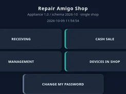 Repair Amigo Shop landing screen with Receiving, Cash Sale, Management, Devices in Shop, and Change My Password buttons.