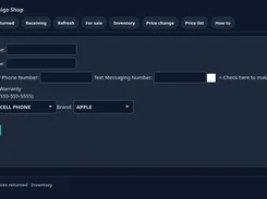 RepairAmigo receiving form with navigation tabs, customer contact fields, and device and brand selectors.