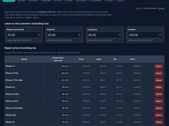 RepairAmigo price-management screen showing labor rates and a table of iPhone repair prices, parts, labor, tax, and totals.